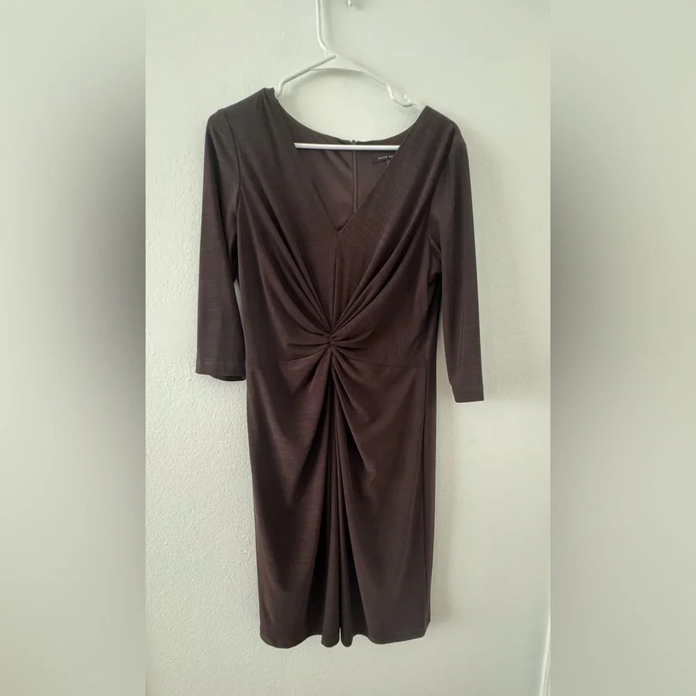 David Meister Brown 3/4 Sleeve Stretch Jersey Knit Ruched Dress Career Date 12